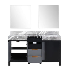 Load image into Gallery viewer, Zilara 60&quot; Black and Grey Double Vanity, Castle Grey Marble Tops, White Square Sinks, and 28&quot; Frameless Mirrors - LZ342260DLISM28
