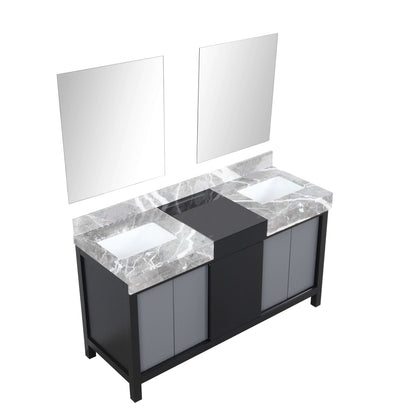 Zilara 60" Black and Grey Double Vanity, Castle Grey Marble Tops, White Square Sinks, and 28" Frameless Mirrors - LZ342260DLISM28