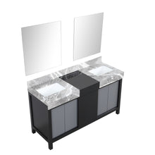 Load image into Gallery viewer, Zilara 60&quot; Black and Grey Double Vanity, Castle Grey Marble Tops, White Square Sinks, and 28&quot; Frameless Mirrors - LZ342260DLISM28