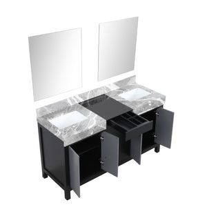 Zilara 60" Black and Grey Double Vanity, Castle Grey Marble Tops, White Square Sinks, and 28" Frameless Mirrors - LZ342260DLISM28