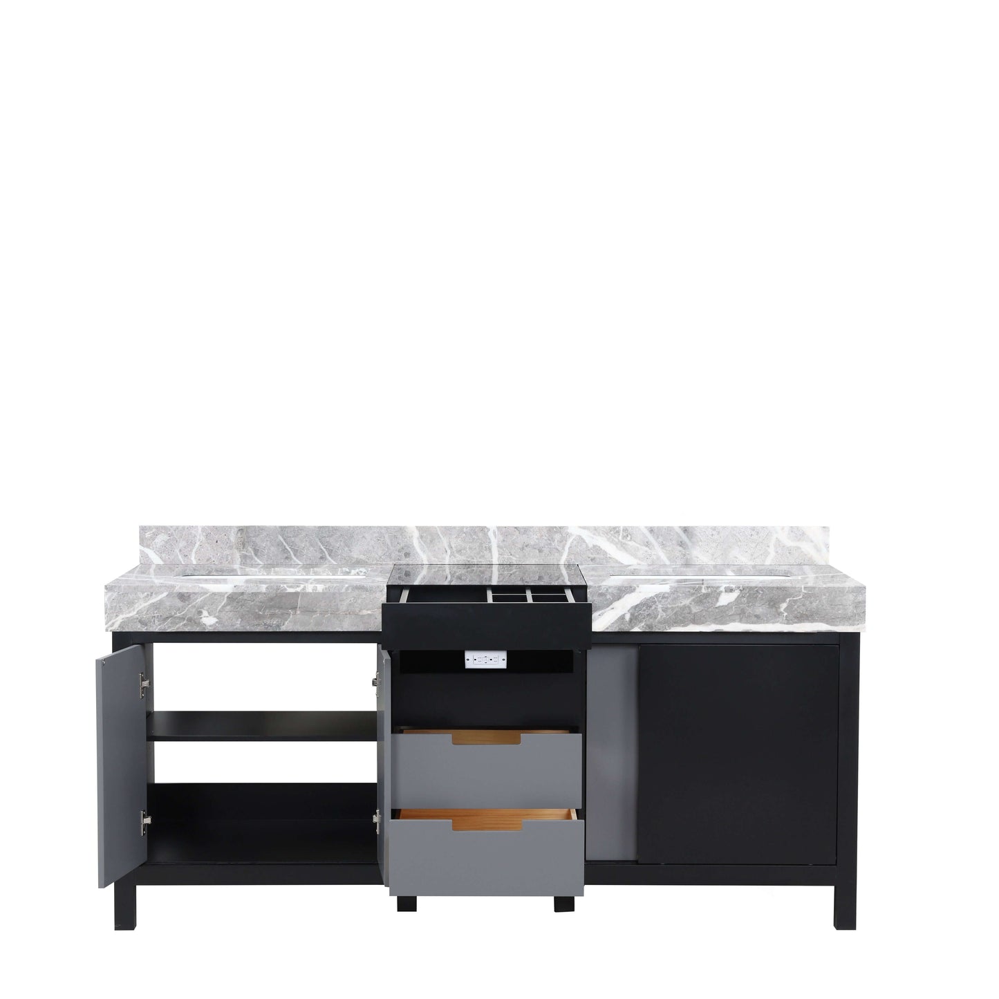 Zilara 72" Black and Grey Double Vanity, Castle Grey Marble Tops, and White Square Sinks - LZ342272DLIS000