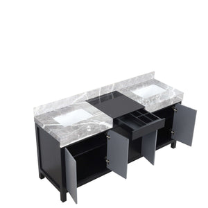 Zilara 72" Black and Grey Double Vanity, Castle Grey Marble Tops, and White Square Sinks - LZ342272DLIS000