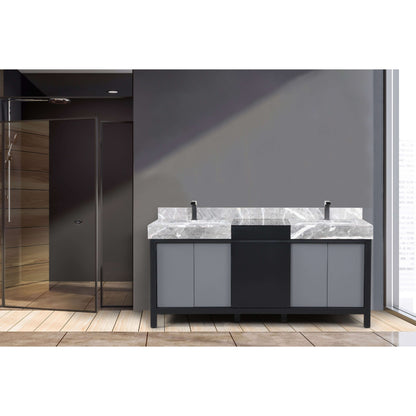 Zilara 72" Black and Grey Double Vanity, Castle Grey Marble Tops, White Square Sinks, and Balzani Gun Metal Faucet Set - LZ342272DLISFBG