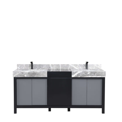 Zilara 72" Black and Grey Double Vanity, Castle Grey Marble Tops, White Square Sinks, and Balzani Gun Metal Faucet Set - LZ342272DLISFBG