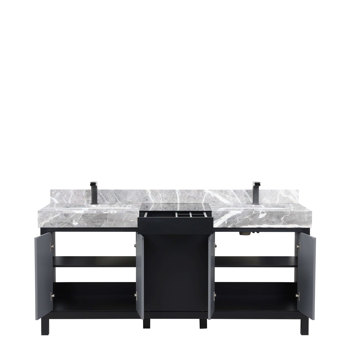 Zilara 72" Black and Grey Double Vanity, Castle Grey Marble Tops, White Square Sinks, and Balzani Gun Metal Faucet Set - LZ342272DLISFBG