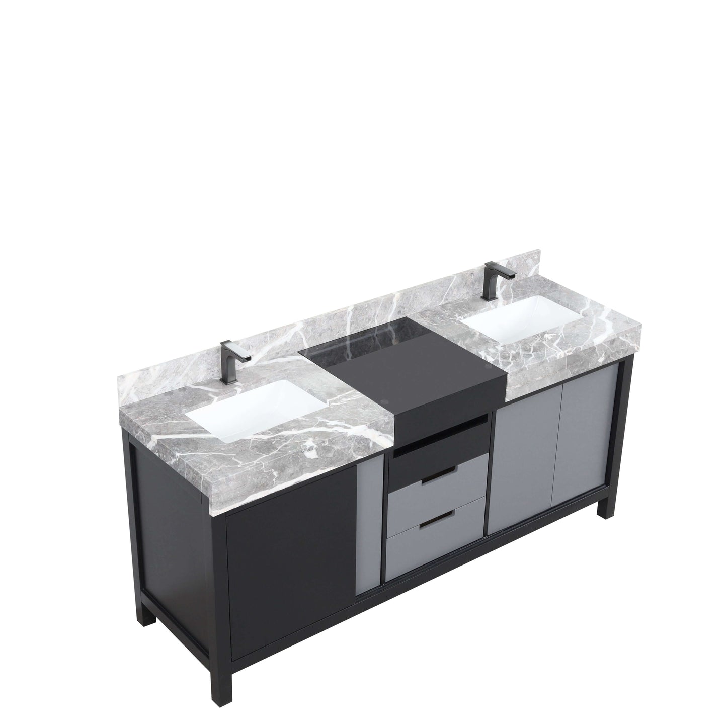 Zilara 72" Black and Grey Double Vanity, Castle Grey Marble Tops, White Square Sinks, and Balzani Gun Metal Faucet Set - LZ342272DLISFBG