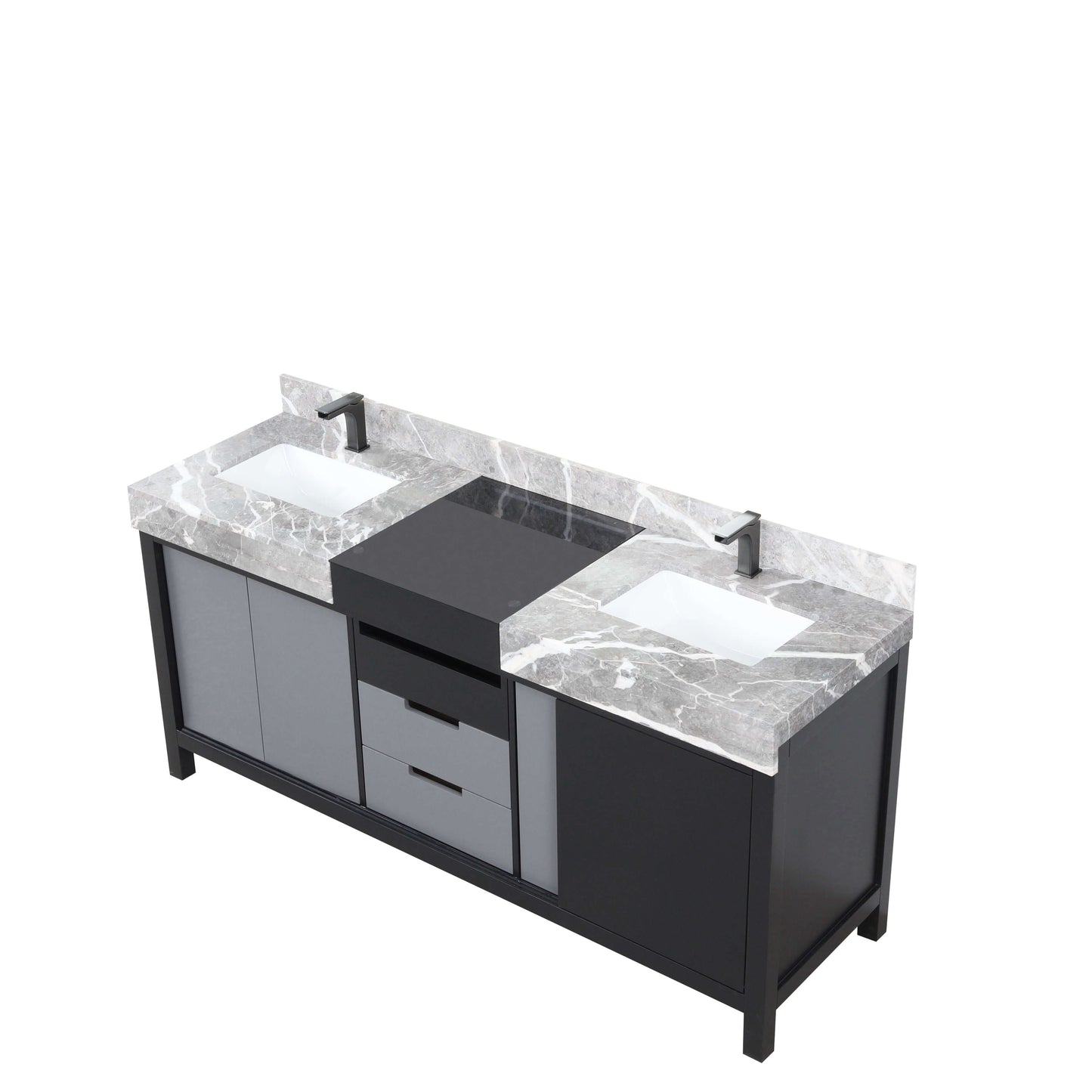 Zilara 72" Black and Grey Double Vanity, Castle Grey Marble Tops, White Square Sinks, and Balzani Gun Metal Faucet Set - LZ342272DLISFBG