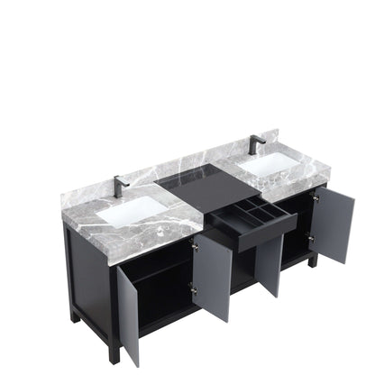 Zilara 72" Black and Grey Double Vanity, Castle Grey Marble Tops, White Square Sinks, and Balzani Gun Metal Faucet Set - LZ342272DLISFBG