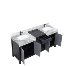 Load image into Gallery viewer, Zilara 72&quot; Black and Grey Double Vanity, Castle Grey Marble Tops, White Square Sinks, and Balzani Gun Metal Faucet Set - LZ342272DLISFBG