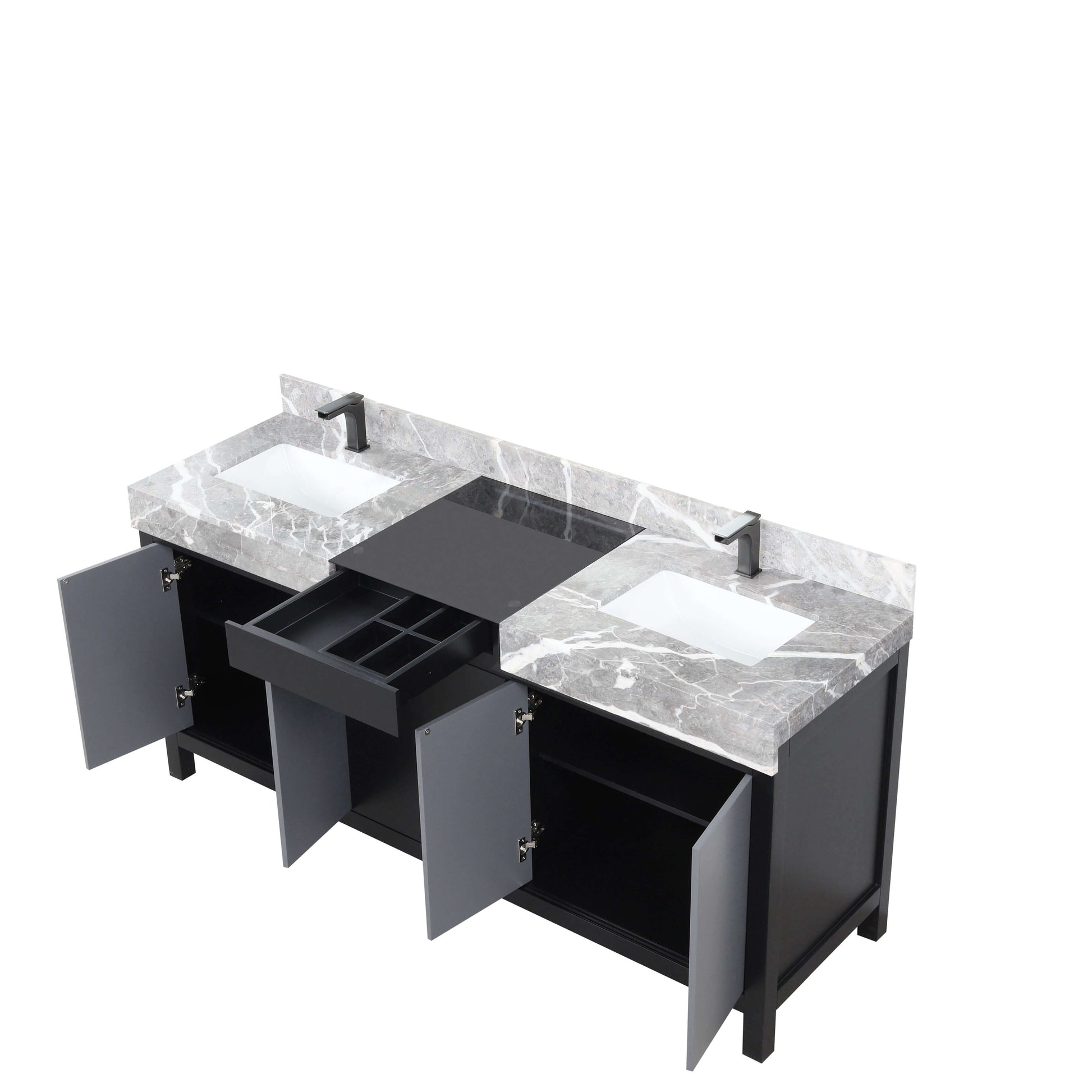 Zilara 72" Black and Grey Double Vanity, Castle Grey Marble Tops, White Square Sinks, and Balzani Gun Metal Faucet Set - LZ342272DLISFBG