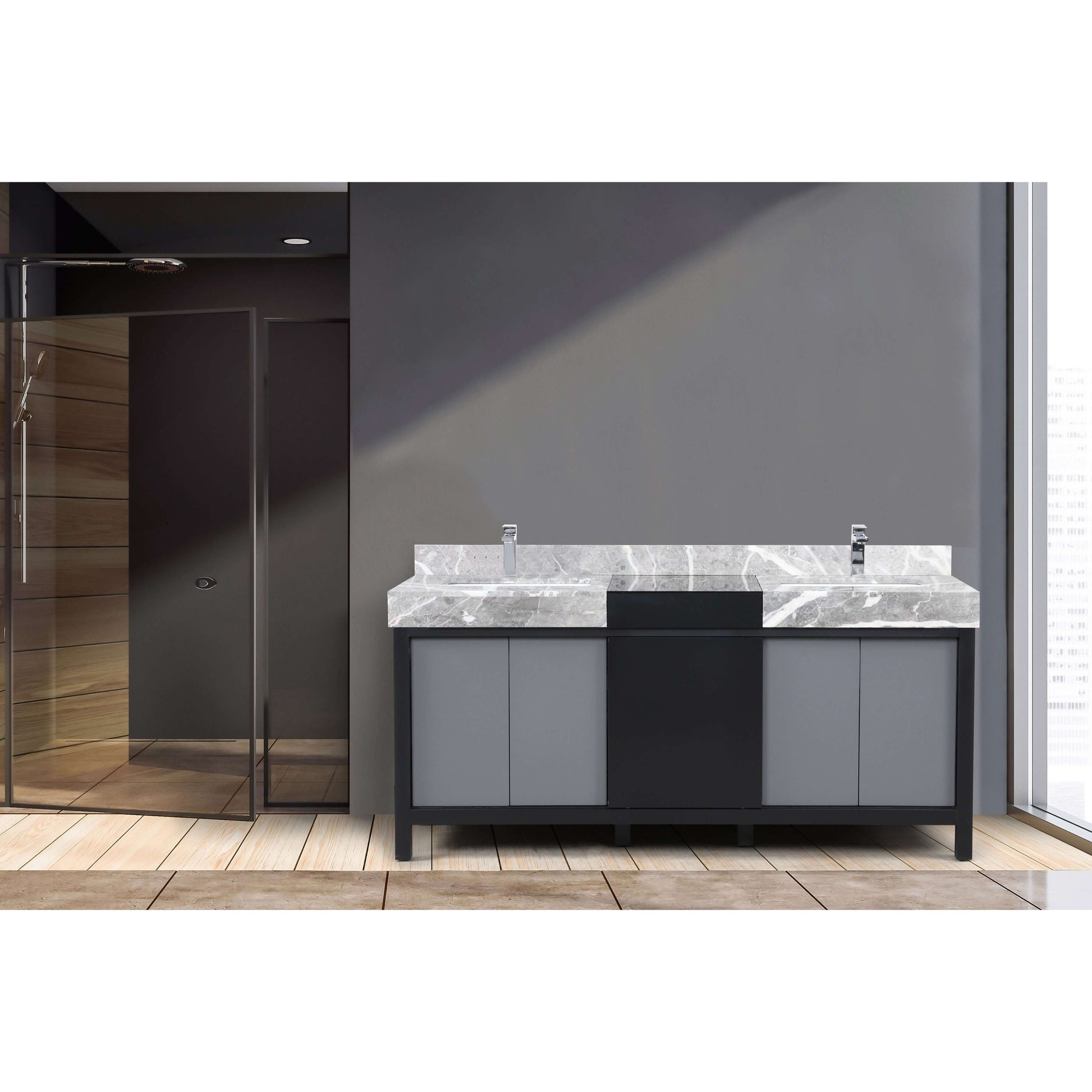 Zilara 72" Black and Grey Double Vanity, Castle Grey Marble Tops, White Square Sinks, and Balzani Gun Metal Faucet Set - LZ342272DLISFBG