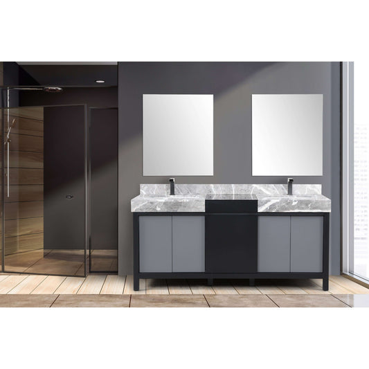 Zilara 72" Black and Grey Double Vanity, Castle Grey Marble Tops, White Square Sinks, Balzani Gun Metal Faucet Set, and 28" Frameless Mirrors - LZ342272DLISM28FBG