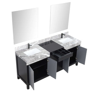 Zilara 72" Black and Grey Double Vanity, Castle Grey Marble Tops, White Square Sinks, Balzani Gun Metal Faucet Set, and 28" Frameless Mirrors - LZ342272DLISM28FBG