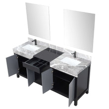 Load image into Gallery viewer, Zilara 72&quot; Black and Grey Double Vanity, Castle Grey Marble Tops, White Square Sinks, Balzani Gun Metal Faucet Set, and 28&quot; Frameless Mirrors - LZ342272DLISM28FBG