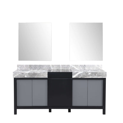 Zilara 72" Black and Grey Double Vanity, Castle Grey Marble Tops, White Square Sinks, and 28" Frameless Mirrors - LZ342272DLISM28