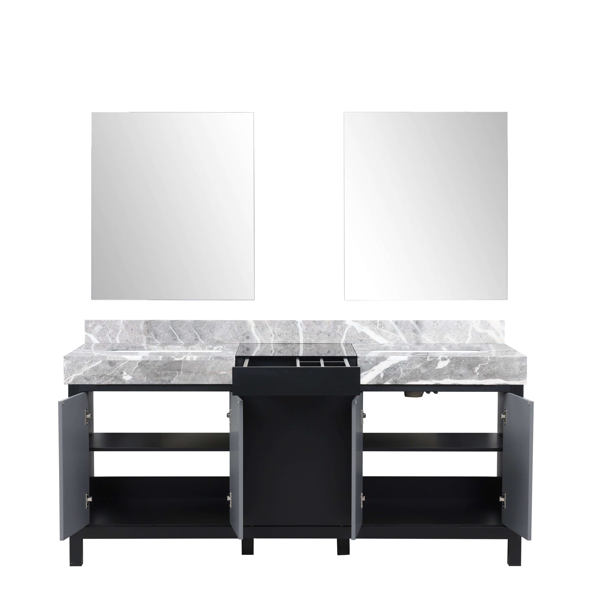 Zilara 72" Black and Grey Double Vanity, Castle Grey Marble Tops, White Square Sinks, and 28" Frameless Mirrors - LZ342272DLISM28