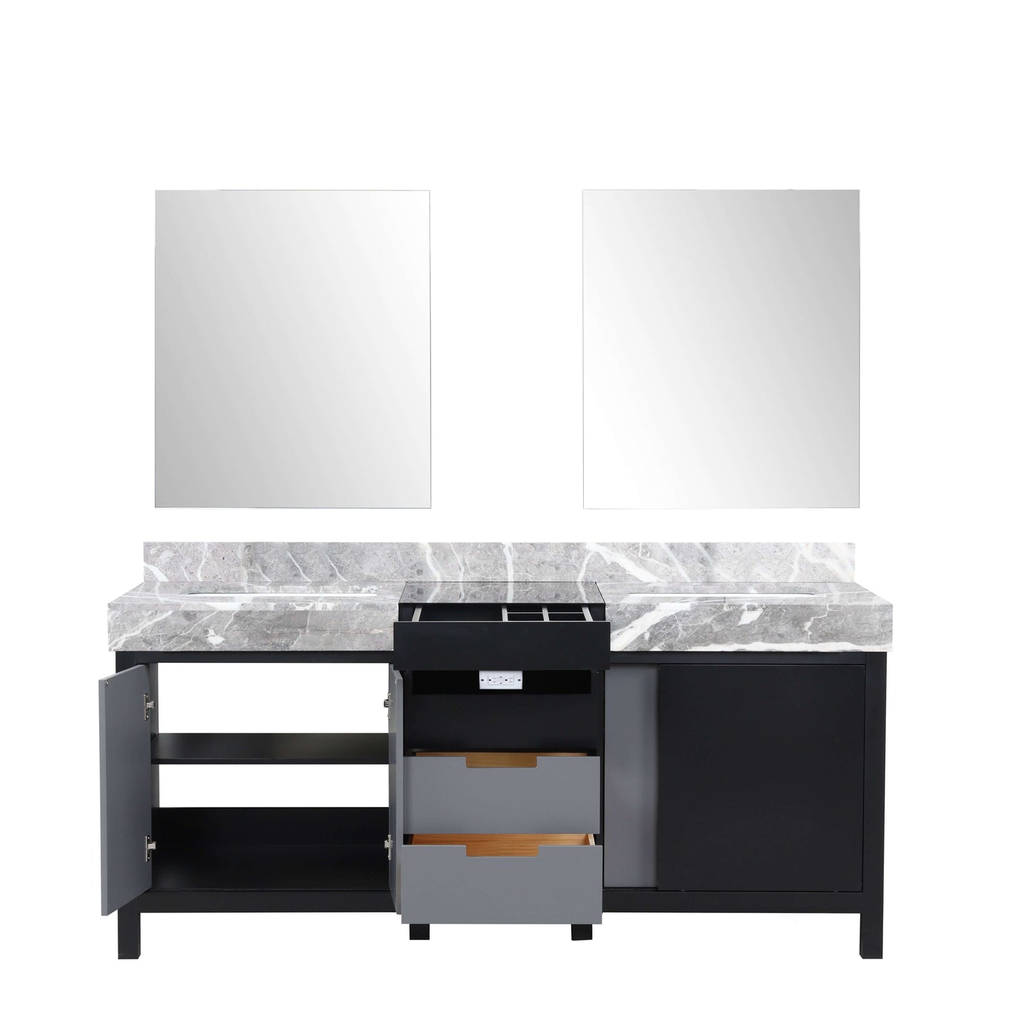 Zilara 72" Black and Grey Double Vanity, Castle Grey Marble Tops, White Square Sinks, and 28" Frameless Mirrors - LZ342272DLISM28