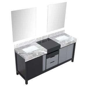 Zilara 72" Black and Grey Double Vanity, Castle Grey Marble Tops, White Square Sinks, and 28" Frameless Mirrors - LZ342272DLISM28
