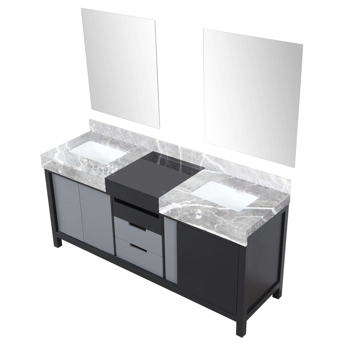 Zilara 72" Black and Grey Double Vanity, Castle Grey Marble Tops, White Square Sinks, and 28" Frameless Mirrors - LZ342272DLISM28