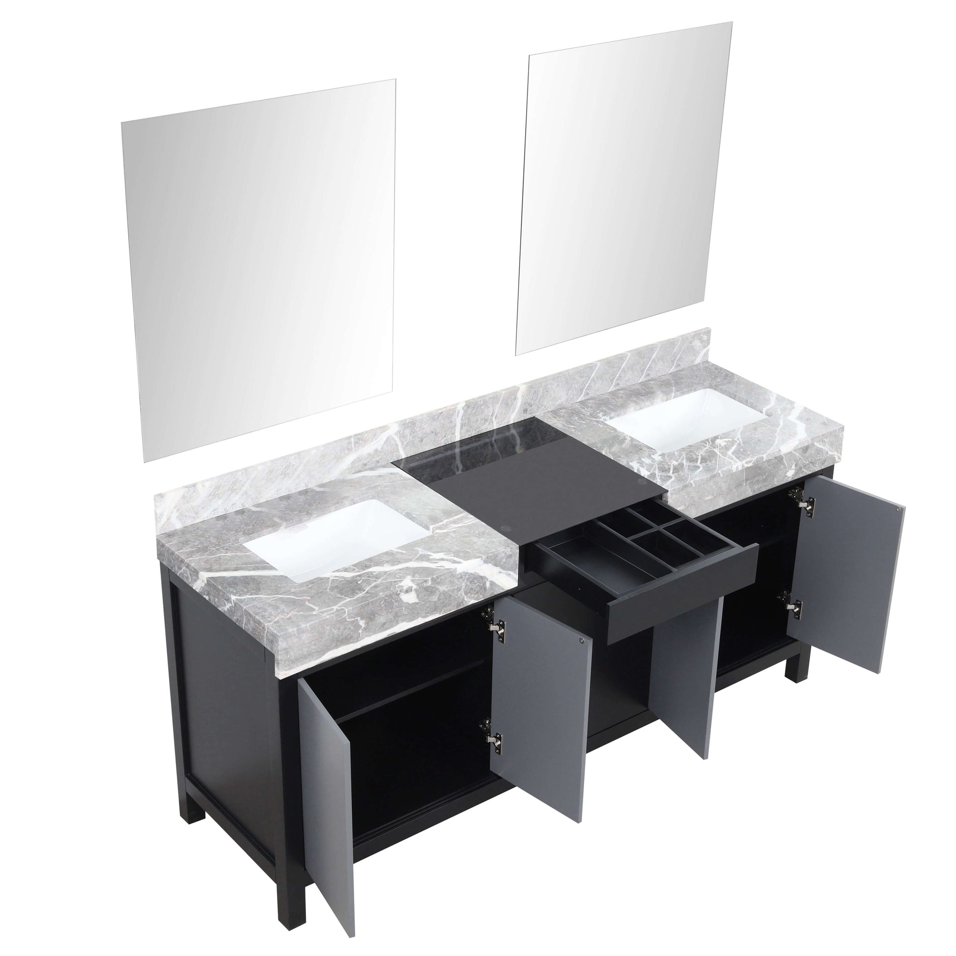 Zilara 72" Black and Grey Double Vanity, Castle Grey Marble Tops, White Square Sinks, and 28" Frameless Mirrors - LZ342272DLISM28