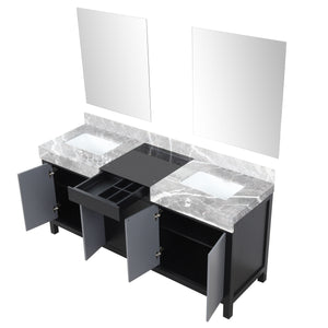 Zilara 72" Black and Grey Double Vanity, Castle Grey Marble Tops, White Square Sinks, and 28" Frameless Mirrors - LZ342272DLISM28