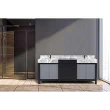 Load image into Gallery viewer, Zilara 80&quot; Black and Grey Double Vanity, Castle Grey Marble Tops, White Square Sinks, and Balzani Gun Metal Faucet Set - LZ342280DLISFBG