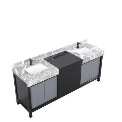 Zilara 80" Black and Grey Double Vanity, Castle Grey Marble Tops, White Square Sinks, and Balzani Gun Metal Faucet Set - LZ342280DLISFBG