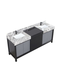 Load image into Gallery viewer, Zilara 80&quot; Black and Grey Double Vanity, Castle Grey Marble Tops, White Square Sinks, and Balzani Gun Metal Faucet Set - LZ342280DLISFBG