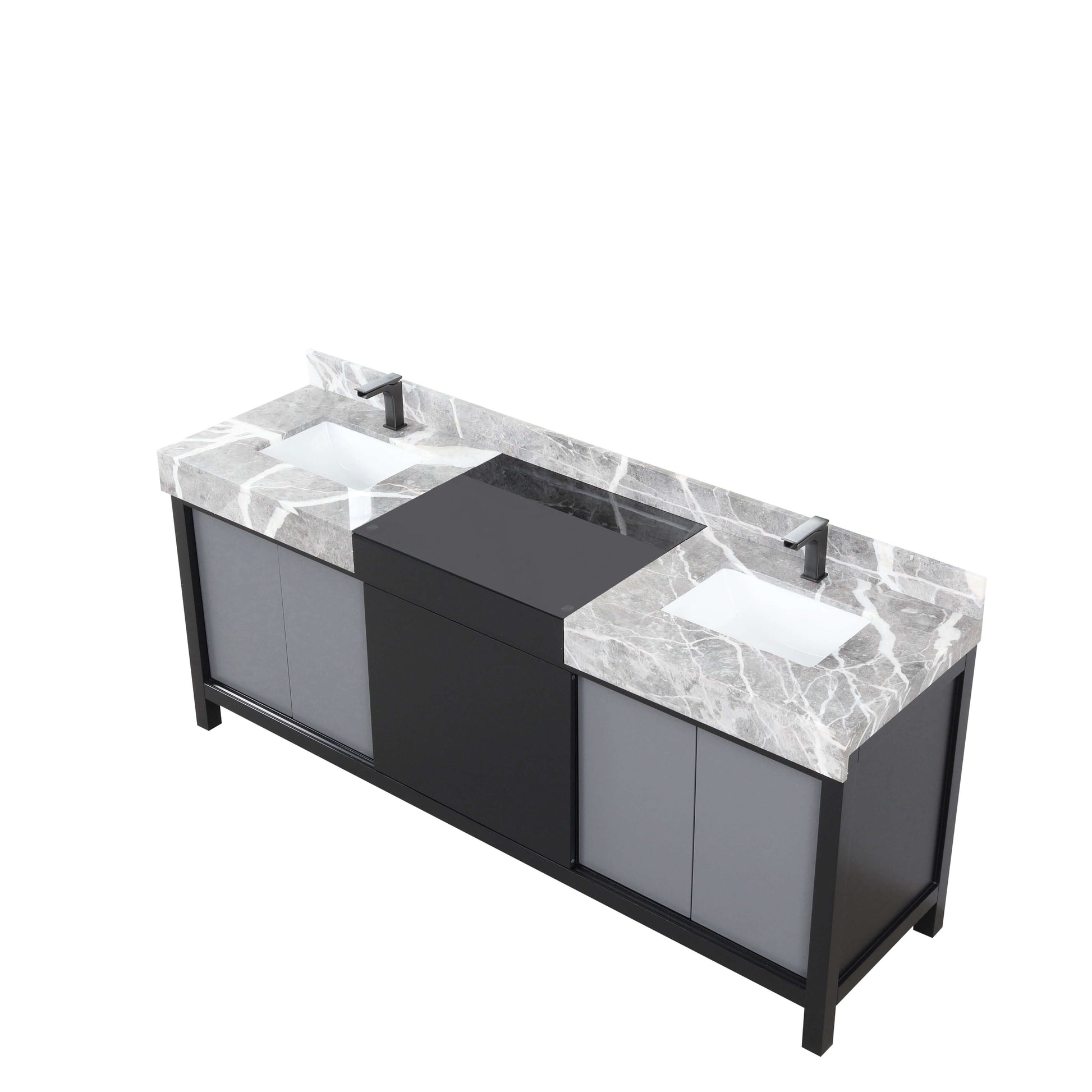 Zilara 80" Black and Grey Double Vanity, Castle Grey Marble Tops, White Square Sinks, and Balzani Gun Metal Faucet Set - LZ342280DLISFBG