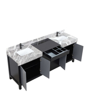 Zilara 80" Black and Grey Double Vanity, Castle Grey Marble Tops, White Square Sinks, and Balzani Gun Metal Faucet Set - LZ342280DLISFBG