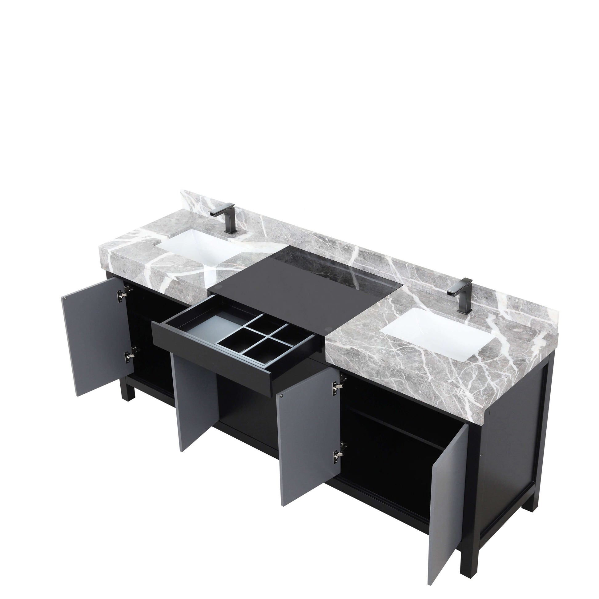 Zilara 80" Black and Grey Double Vanity, Castle Grey Marble Tops, White Square Sinks, and Balzani Gun Metal Faucet Set - LZ342280DLISFBG