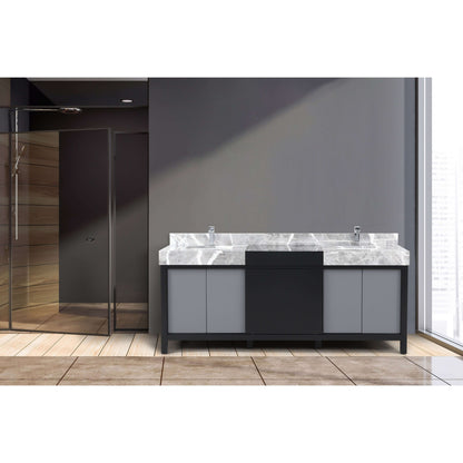 Zilara 80" Black and Grey Double Vanity, Castle Grey Marble Tops, White Square Sinks, and Balzani Gun Metal Faucet Set - LZ342280DLISFBG