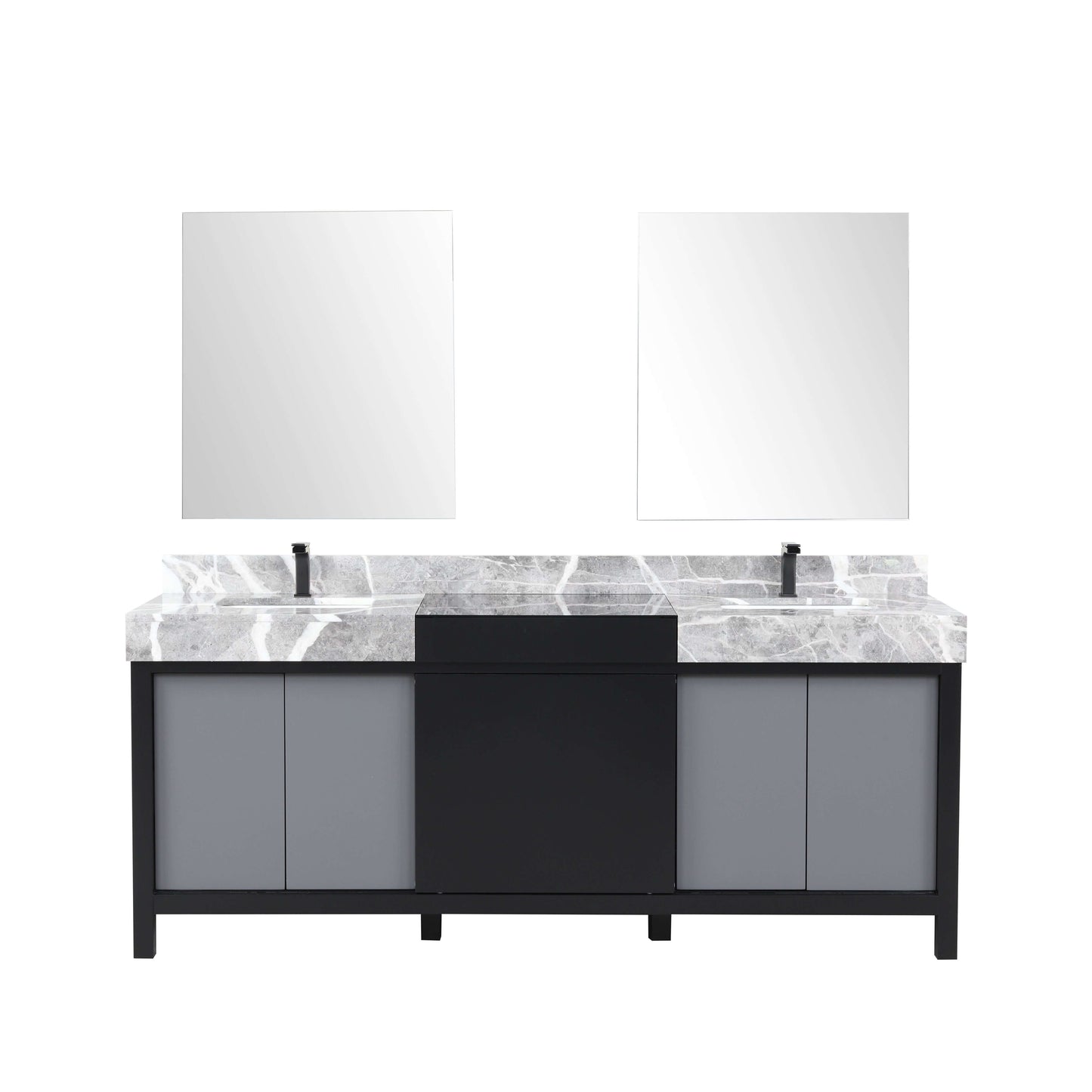 Zilara 80" Black and Grey Double Vanity, Castle Grey Marble Tops, White Square Sinks, Balzani Gun Metal Faucet Set, and 30" Frameless Mirrors - LZ342280DLISM30FBG