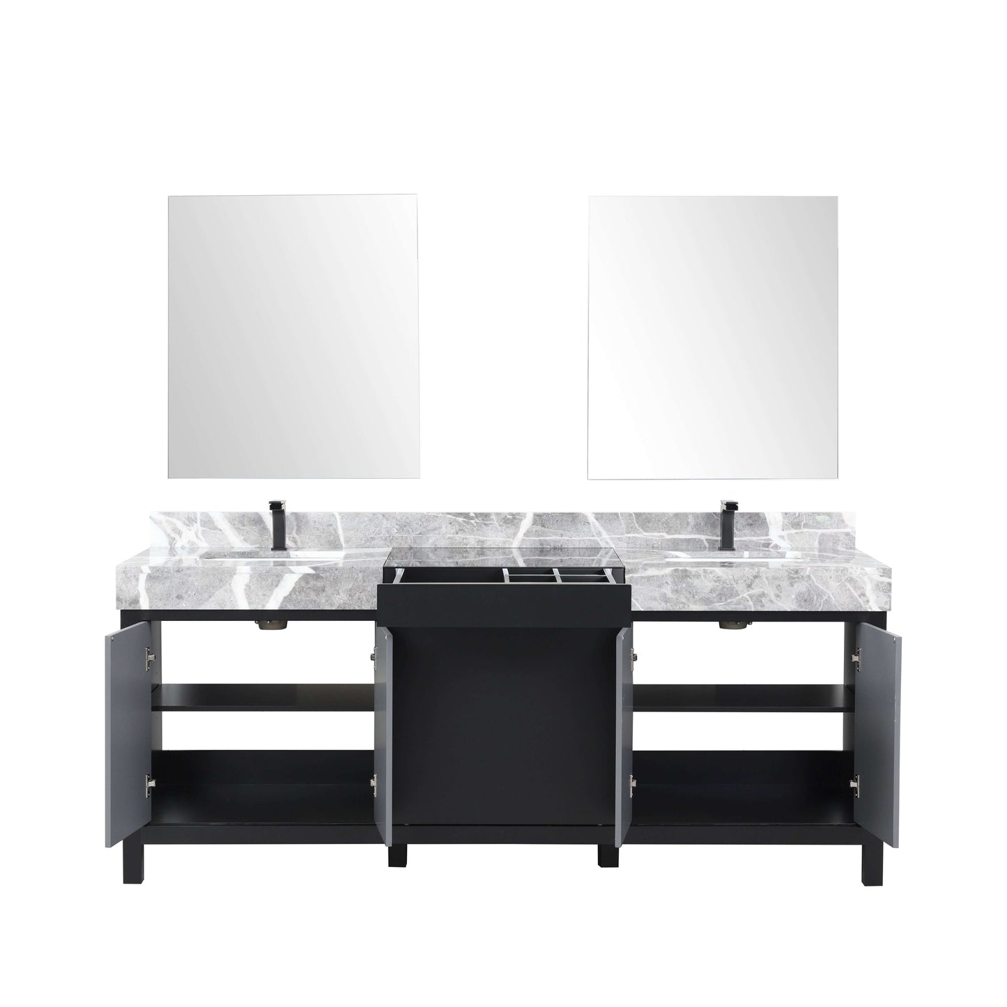 Zilara 80" Black and Grey Double Vanity, Castle Grey Marble Tops, White Square Sinks, Balzani Gun Metal Faucet Set, and 30" Frameless Mirrors - LZ342280DLISM30FBG