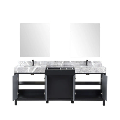 Zilara 80" Black and Grey Double Vanity, Castle Grey Marble Tops, White Square Sinks, Balzani Gun Metal Faucet Set, and 30" Frameless Mirrors - LZ342280DLISM30FBG