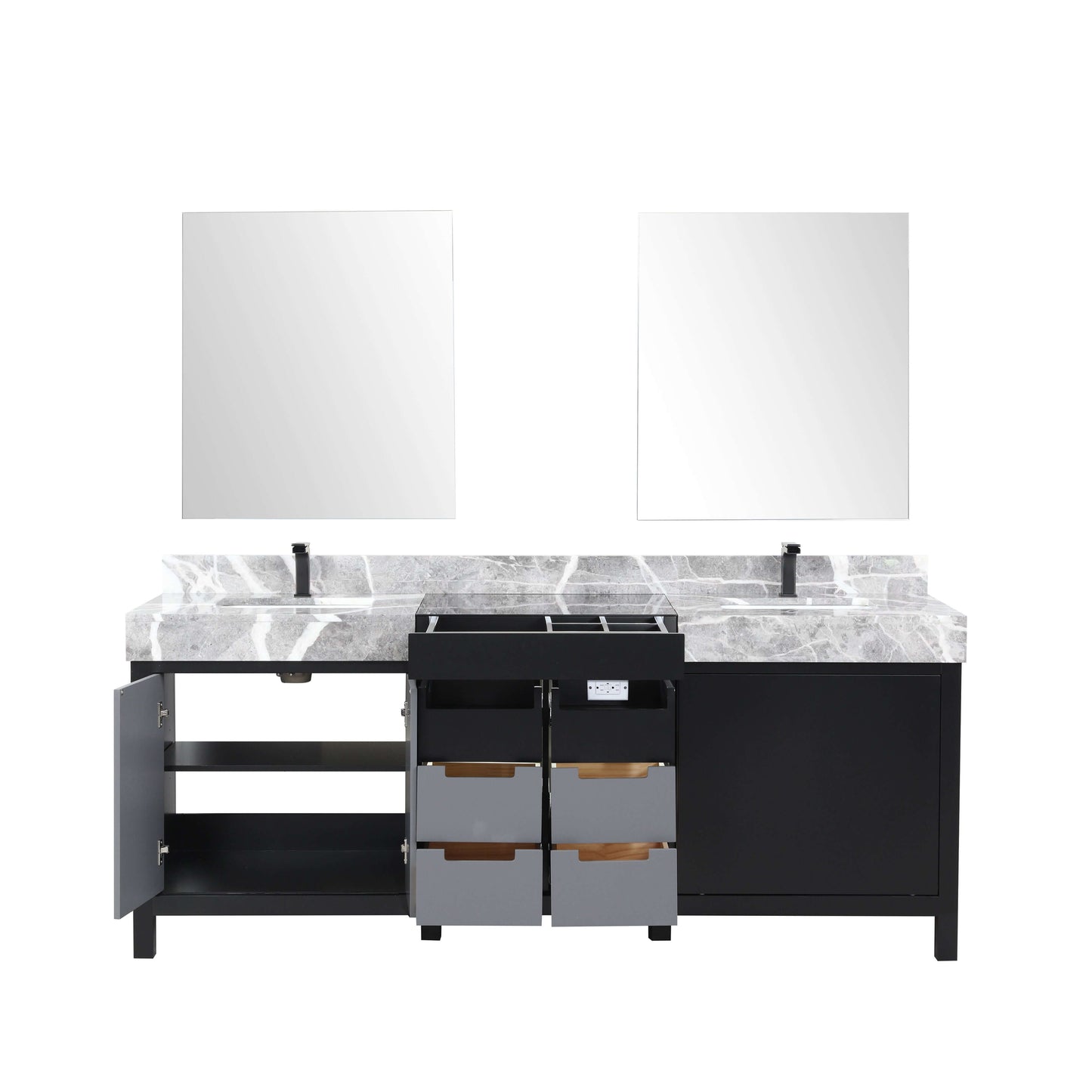 Zilara 80" Black and Grey Double Vanity, Castle Grey Marble Tops, White Square Sinks, Balzani Gun Metal Faucet Set, and 30" Frameless Mirrors - LZ342280DLISM30FBG