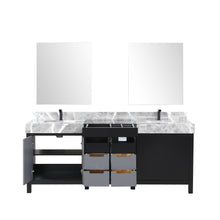 Load image into Gallery viewer, Zilara 80&quot; Black and Grey Double Vanity, Castle Grey Marble Tops, White Square Sinks, Balzani Gun Metal Faucet Set, and 30&quot; Frameless Mirrors - LZ342280DLISM30FBG