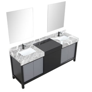 Zilara 80" Black and Grey Double Vanity, Castle Grey Marble Tops, White Square Sinks, Balzani Gun Metal Faucet Set, and 30" Frameless Mirrors - LZ342280DLISM30FBG