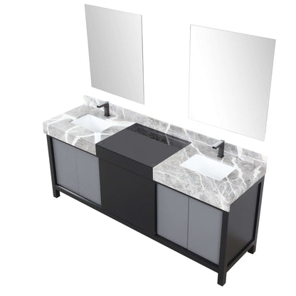 Zilara 80" Black and Grey Double Vanity, Castle Grey Marble Tops, White Square Sinks, Balzani Gun Metal Faucet Set, and 30" Frameless Mirrors - LZ342280DLISM30FBG