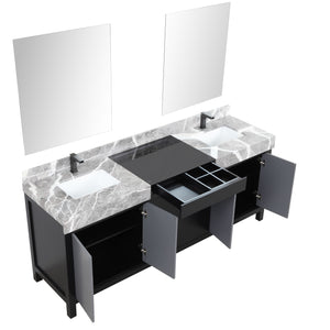 Zilara 80" Black and Grey Double Vanity, Castle Grey Marble Tops, White Square Sinks, Balzani Gun Metal Faucet Set, and 30" Frameless Mirrors - LZ342280DLISM30FBG