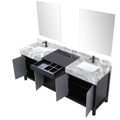 Zilara 80" Black and Grey Double Vanity, Castle Grey Marble Tops, White Square Sinks, Balzani Gun Metal Faucet Set, and 30" Frameless Mirrors - LZ342280DLISM30FBG