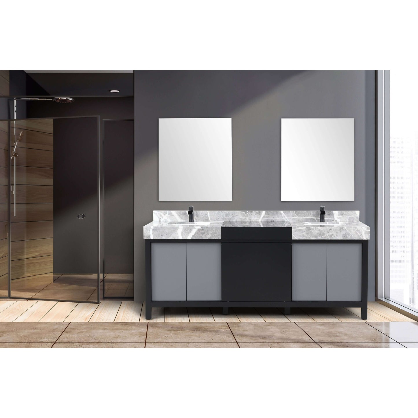 Zilara 80" Black and Grey Double Vanity, Castle Grey Marble Tops, White Square Sinks, Balzani Gun Metal Faucet Set, and 30" Frameless Mirrors - LZ342280DLISM30FBG