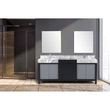 Load image into Gallery viewer, Zilara 80&quot; Black and Grey Double Vanity, Castle Grey Marble Tops, White Square Sinks, Balzani Gun Metal Faucet Set, and 30&quot; Frameless Mirrors - LZ342280DLISM30FBG