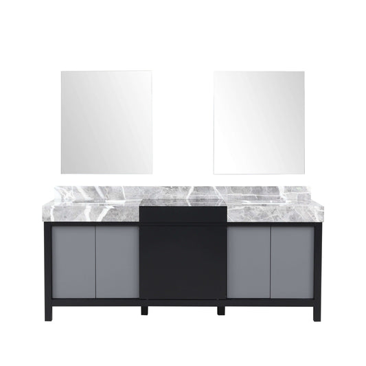 Zilara 80" Black and Grey Double Vanity, Castle Grey Marble Tops, White Square Sinks, and 30" Frameless Mirrors - LZ342280DLISM30