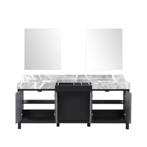 Zilara 80" Black and Grey Double Vanity, Castle Grey Marble Tops, White Square Sinks, and 30" Frameless Mirrors - LZ342280DLISM30