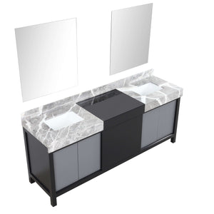 Zilara 80" Black and Grey Double Vanity, Castle Grey Marble Tops, White Square Sinks, and 30" Frameless Mirrors - LZ342280DLISM30