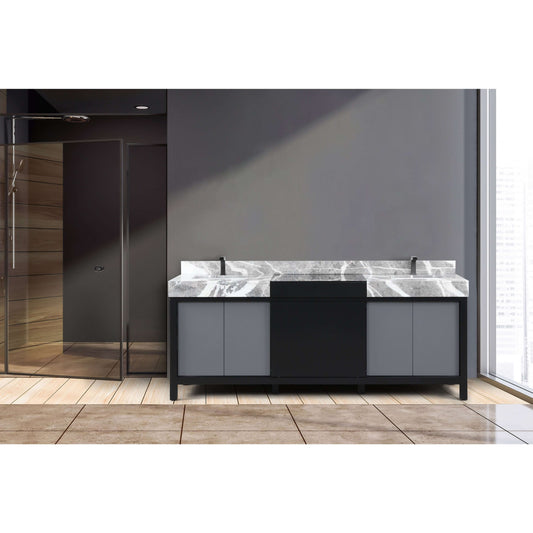 Zilara 84" Black and Grey Double Vanity, Castle Grey Marble Tops, White Square Sinks, and Balzani Gun Metal Faucet Set - LZ342284DLISFBG