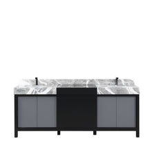 Load image into Gallery viewer, Zilara 84&quot; Black and Grey Double Vanity, Castle Grey Marble Tops, White Square Sinks, and Balzani Gun Metal Faucet Set - LZ342284DLISFBG