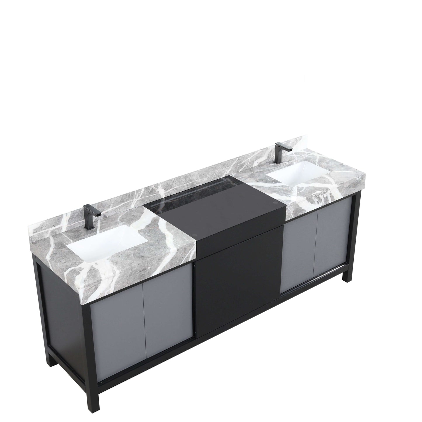 Zilara 84" Black and Grey Double Vanity, Castle Grey Marble Tops, White Square Sinks, and Balzani Gun Metal Faucet Set - LZ342284DLISFBG