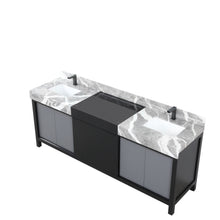 Load image into Gallery viewer, Zilara 84&quot; Black and Grey Double Vanity, Castle Grey Marble Tops, White Square Sinks, and Balzani Gun Metal Faucet Set - LZ342284DLISFBG